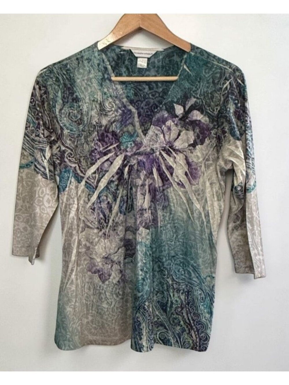 Christopher & Banks Floral V-Neck Top Size Large Paisley Pleated Front Casual